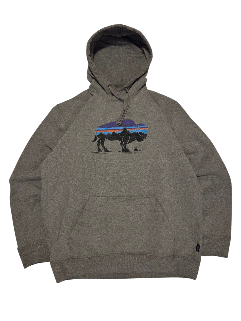 Patagonia Uprisal Gray Pullover Hoodie with Mountain Bison Graphic